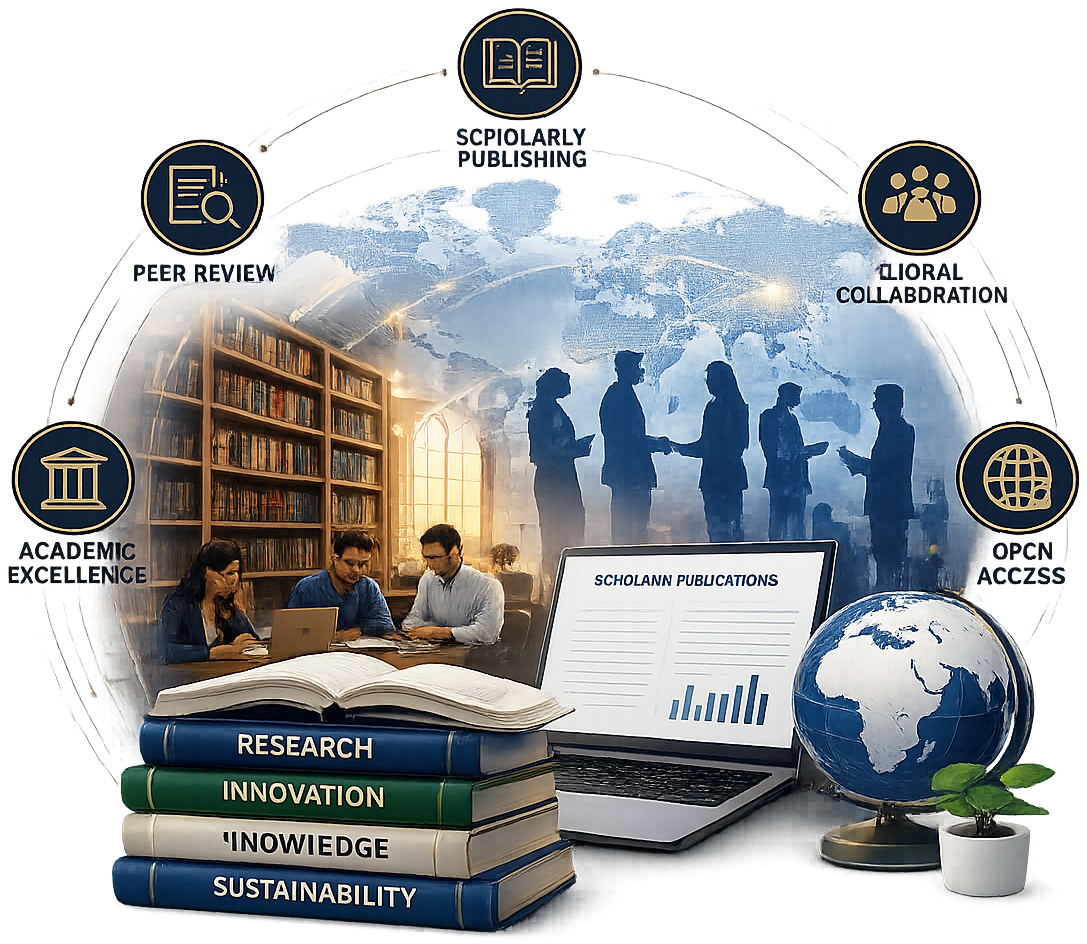 Illustration of scholarly publishing: researchers in a library, global collaboration, and a stack of books labelled Research, Innovation, Knowledge and Sustainability